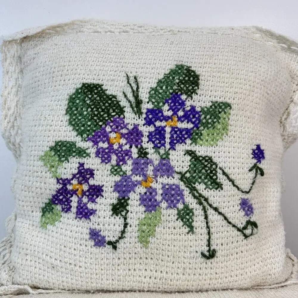 Vintage Handmade Crochet Blanket Throw Afghan Cross Stitch African Violets